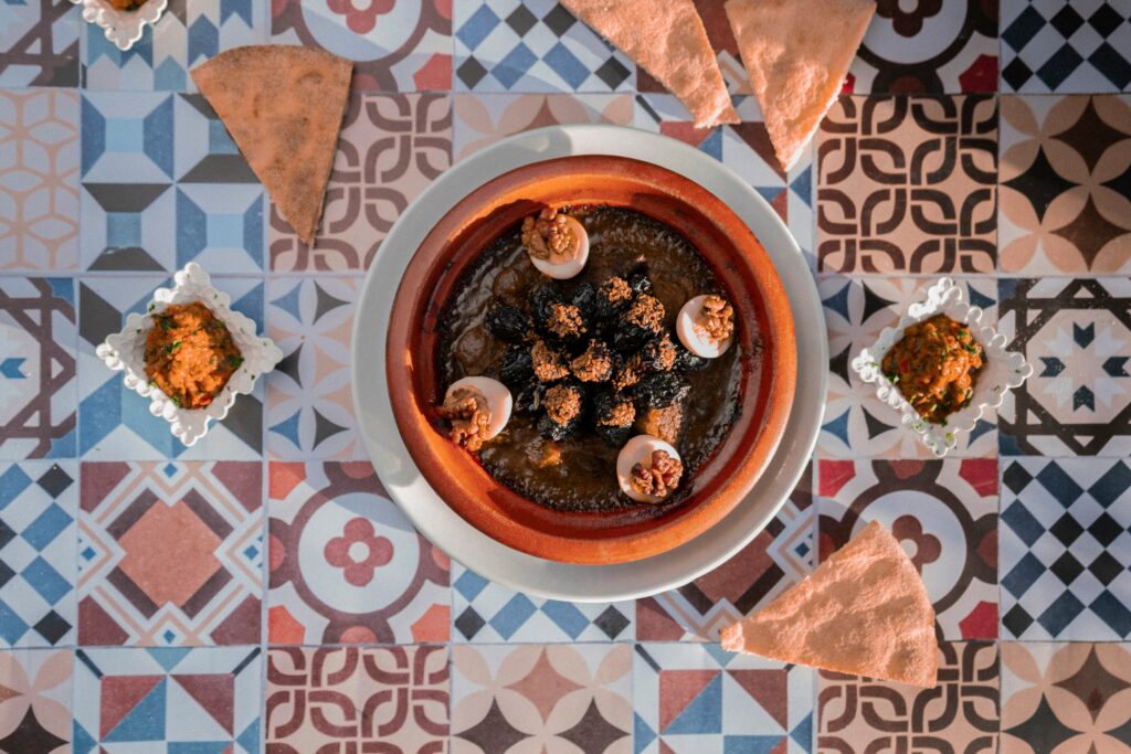 a bowl of food sitting on top of a table